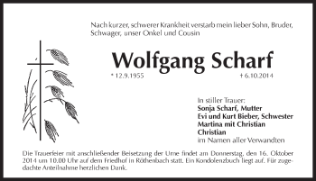 Traueranzeige von Wolfgang Scharf von Pegnitz-Zeitung